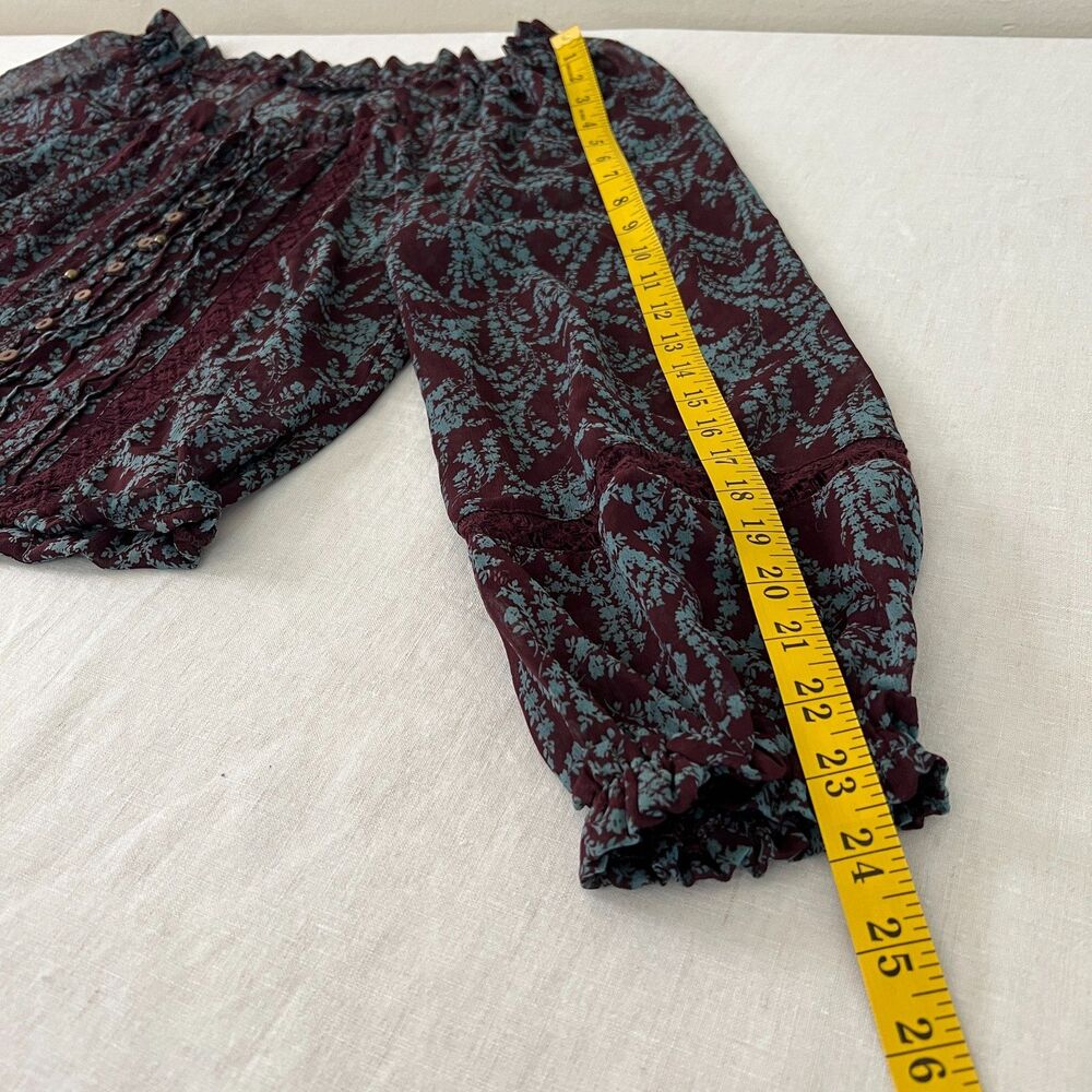 Olivaceous Burgundy Blue Floral Y2K Boho Hippie Semi-Sheer Chiffon Blouse Sz S - Picture 10 of 12